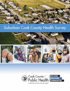 cover of the Cook County Health survey with ariel view of a neighborhood and a composite image of various people